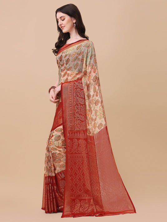 Villagius Printed Zari Border Festive Chiffon Red Color CF1100_RED Saree