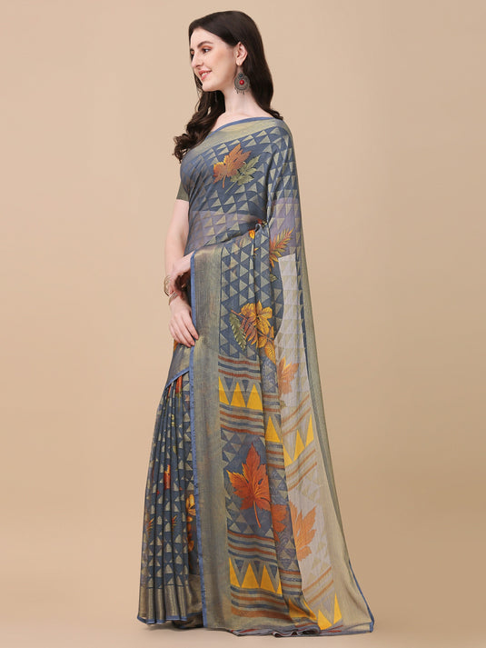 Villagius Printed Zari Border Festive Chiffon Grey Color CF1300_GREY Saree