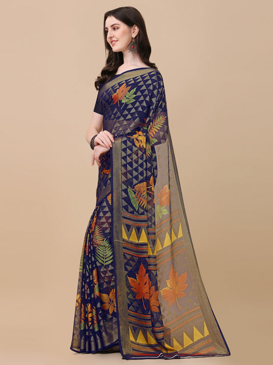 Villagius Printed Zari Border Festive Chiffon Navy Blue Color CF1300_NAVY Saree