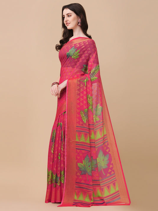 Villagius Printed Zari Border Festive Chiffon Pink Color CF1300_PINK Saree