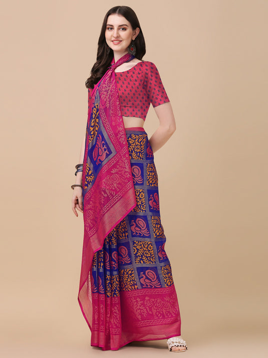 Villagius Printed Zari Border Festive Chiffon Blue Color CF1400_BLUE Saree