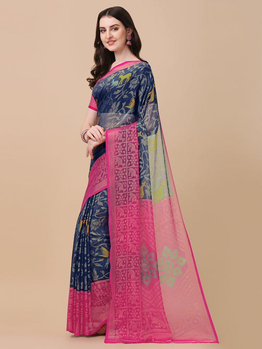 Villagius Printed Zari Border Festive Chiffon Navy Blue Color CF1400_NAVY Saree