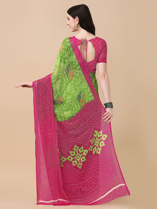 Villagius Printed Zari Border Festive Chiffon Light Green Color CF1400_PARROT Saree