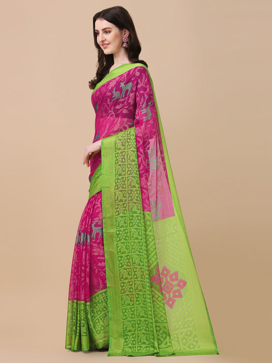 Villagius Printed Zari Border Festive Chiffon Light Green Color CF1400_PARROT Saree