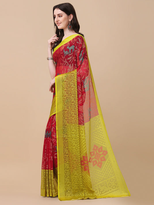 Villagius Printed Zari Border Festive Chiffon Red Color CF1400_RED Saree