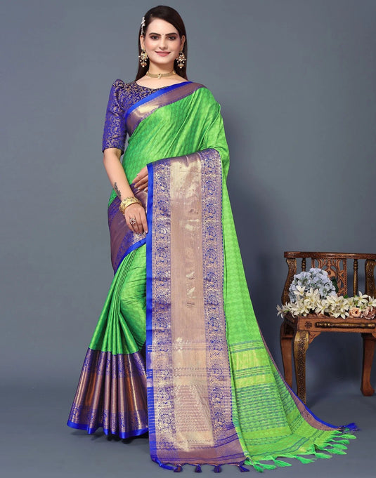 Villagius Jaccard Jaccard Embellished Zari Work Partywear Cotton Silk Parrot Colour Chavi_Parrotblue Saree