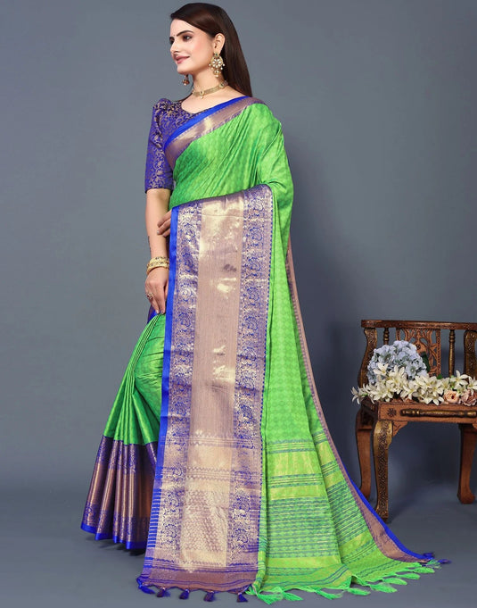 Villagius Jaccard Jaccard Embellished Zari Work Partywear Cotton Silk Parrot Colour Chavi_Parrotblue Saree