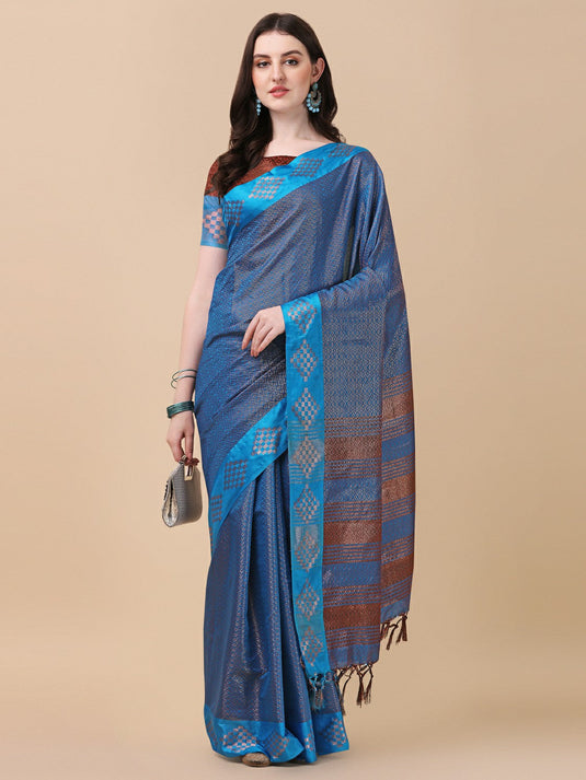 Villagius Woven Zari Border Everyday Cotton Silk Turquoise Color COPPER_FIROZI Saree