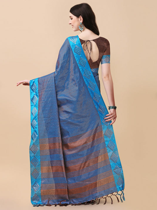 Villagius Woven Zari Border Everyday Cotton Silk Turquoise Color COPPER_FIROZI Saree