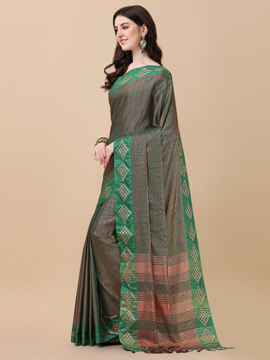 Villagius Woven Zari Border Everyday Cotton Silk Green Color COPPER_GREEN Saree