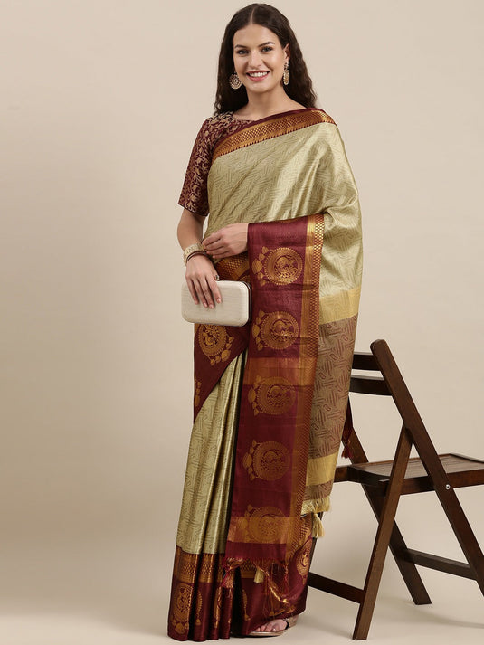 Villagius Jaccard Jaccard Embellished Zari Work Partywear Cotton Silk Beige Colour Dankamore_Chiku Saree