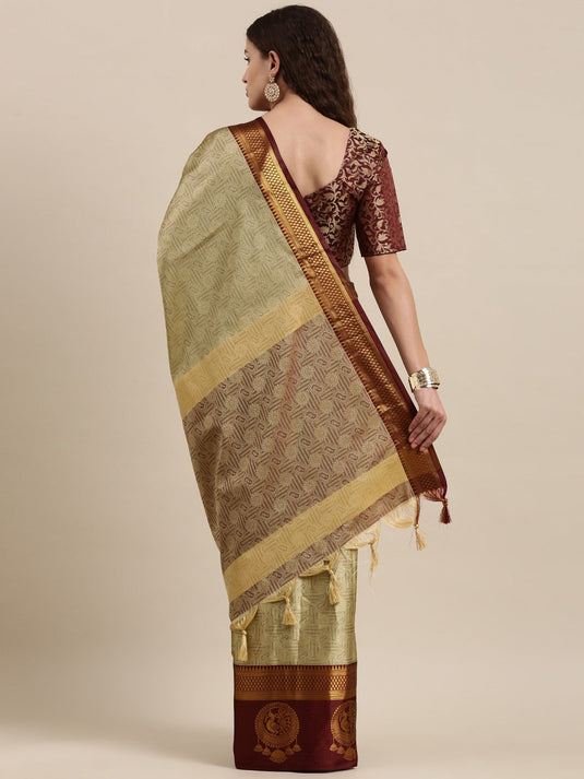 Villagius Jaccard Jaccard Embellished Zari Work Partywear Cotton Silk Beige Colour Dankamore_Chiku Saree