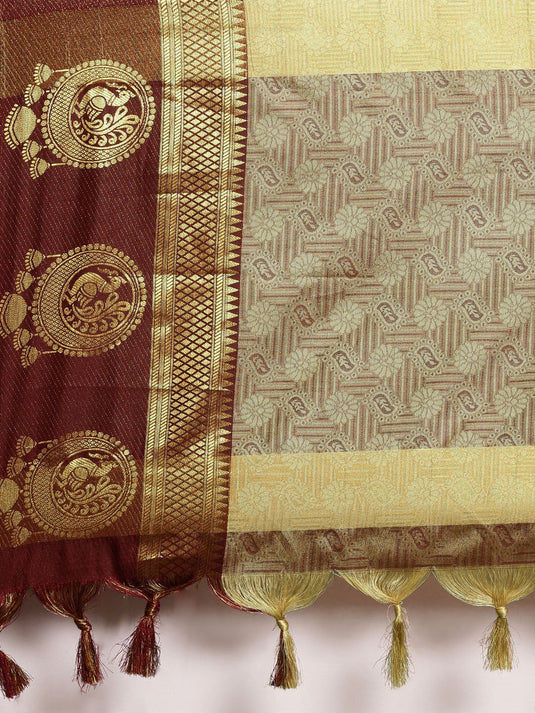 Villagius Jaccard Jaccard Embellished Zari Work Partywear Cotton Silk Beige Colour Dankamore_Chiku Saree