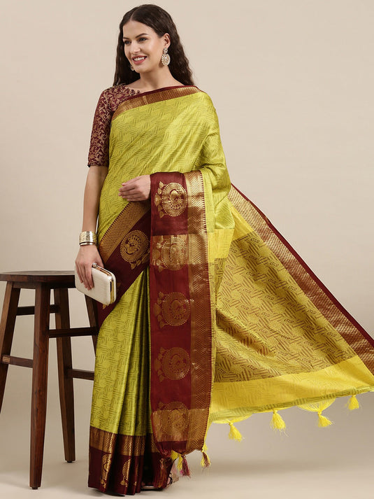 Villagius Jaccard Jaccard Embellished Zari Work Partywear Cotton Silk Lime Colour Dankamore_Lime Saree