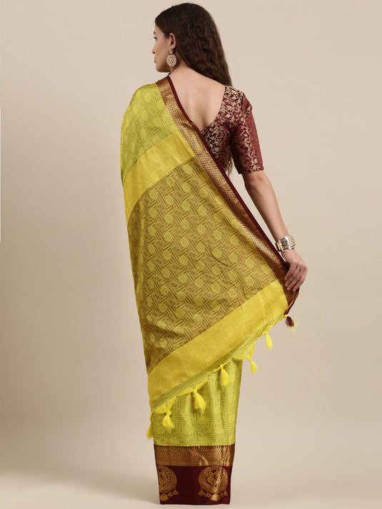 Villagius Jaccard Jaccard Embellished Zari Work Partywear Cotton Silk Lime Colour Dankamore_Lime Saree