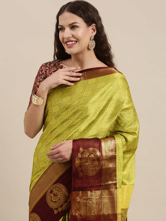 Villagius Jaccard Jaccard Embellished Zari Work Partywear Cotton Silk Lime Colour Dankamore_Lime Saree