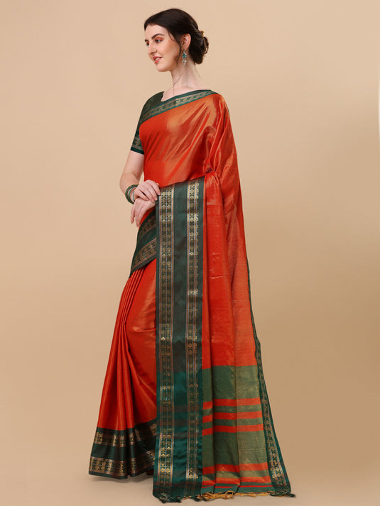 Villagius Woven Zari Border Everyday Cotton Silk Fanta Color DEVAKI_FANTAGREEN Saree