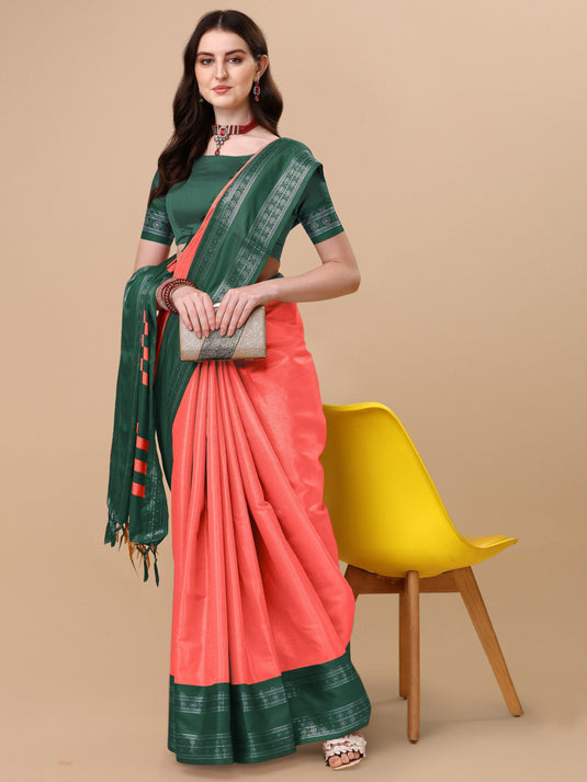 Villagius Woven Zari Border Everyday Cotton Silk Gajari Color DEVAKI_GAJARIGREEN Saree