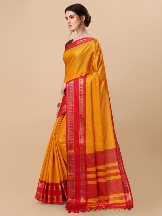 Villagius Woven Zari Border Everyday Cotton Silk Gold Color DEVAKI_GOLDPINK Saree