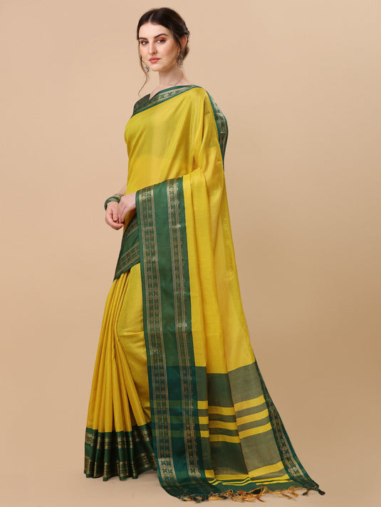 Villagius Woven Zari Border Everyday Cotton Silk Yellow Color DEVAKI_YELOWGREEN Saree