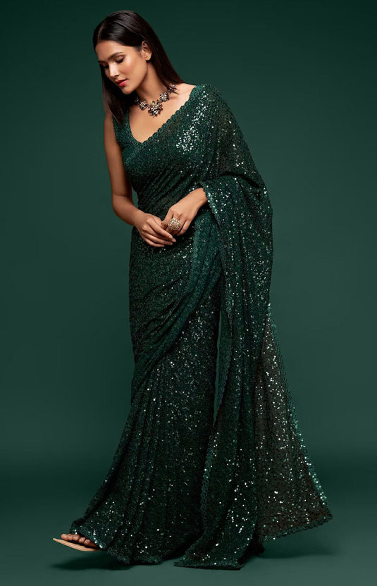 Villagius Sequence Embroidery Partywear Georgette Green Color EASTY_GREEN Saree