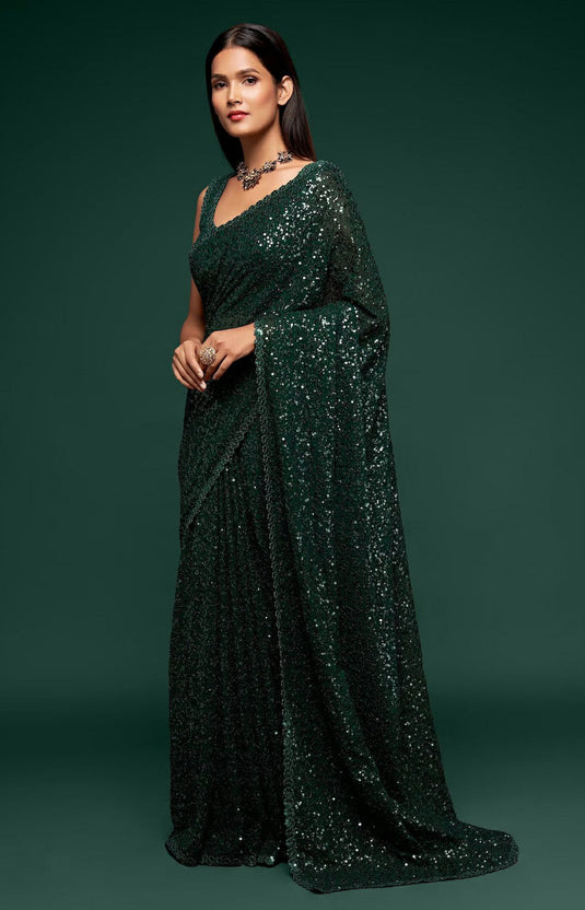 Villagius Sequence Embroidery Partywear Georgette Green Color EASTY_GREEN Saree