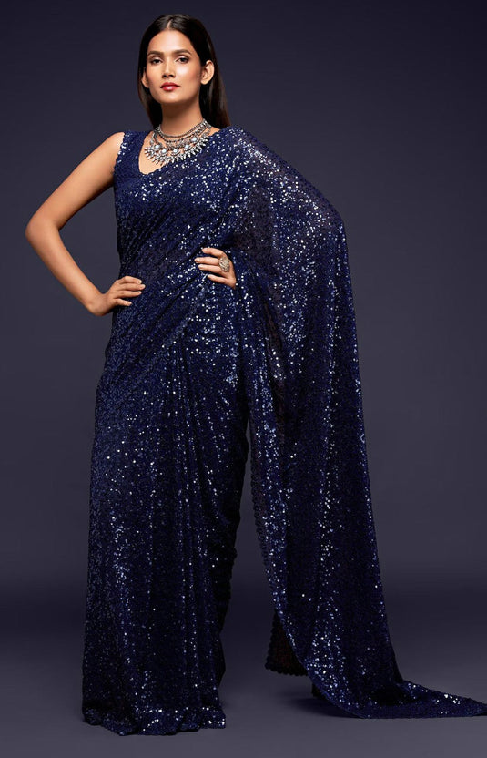 Villagius Sequence Embroidery Partywear Georgette Navy Blue Color EASTY_NAVY Saree