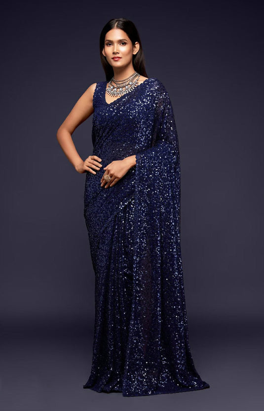 Villagius Sequence Embroidery Partywear Georgette Navy Blue Color EASTY_NAVY Saree