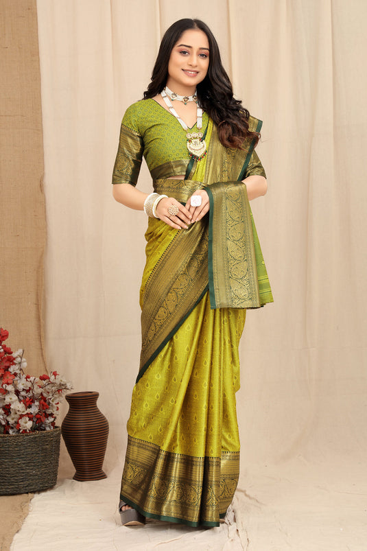 Villagius Jaccard Jaccard Embellished Zari Work Partywear Cotton Silk Lime Colour Fudaru_Lemon Saree