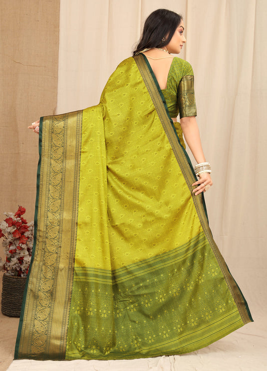 Villagius Jaccard Jaccard Embellished Zari Work Partywear Cotton Silk Lime Colour Fudaru_Lemon Saree