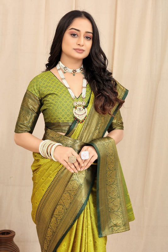 Villagius Jaccard Jaccard Embellished Zari Work Partywear Cotton Silk Lime Colour Fudaru_Lemon Saree