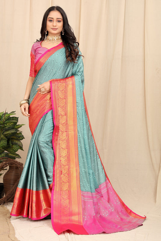 Villagius Jaccard Jaccard Embellished Zari Work Partywear Cotton Silk Turquoise Colour Fudaru_Sky Saree