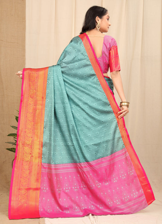 Villagius Jaccard Jaccard Embellished Zari Work Partywear Cotton Silk Turquoise Colour Fudaru_Sky Saree