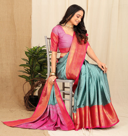 Villagius Jaccard Jaccard Embellished Zari Work Partywear Cotton Silk Turquoise Colour Fudaru_Sky Saree