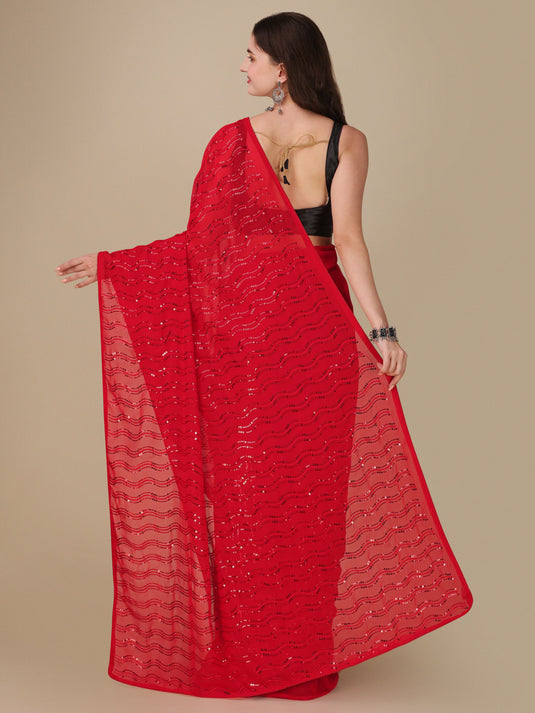 Villagius Sequence Sequece Embroidery Partywear Georgette Red Colour Goodday_Red Saree