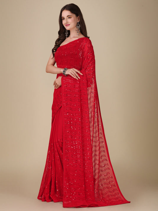 Villagius Sequence Sequece Embroidery Partywear Georgette Red Colour Goodday_Red Saree