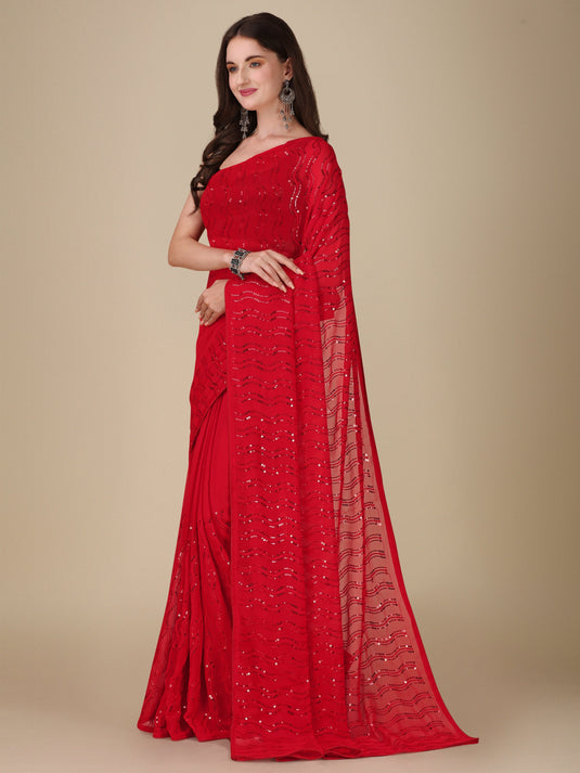 Villagius Sequence Embroidery Partywear Georgette Red Color GOODDAY_RED Saree