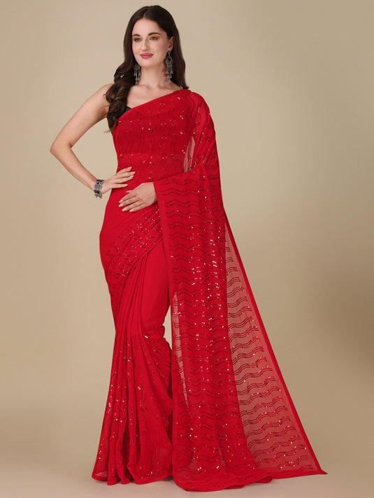 Villagius Sequence Sequece Embroidery Partywear Georgette Red Colour Goodday_Red Saree