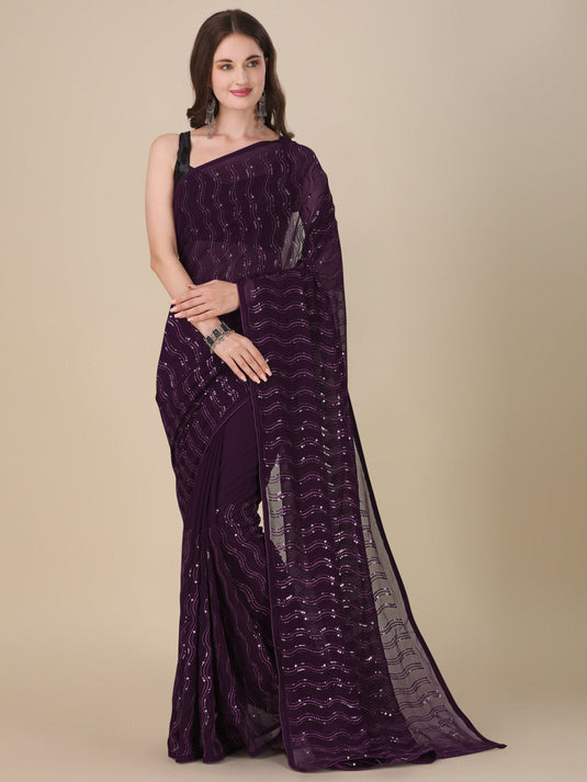 Villagius Sequence Embroidery Partywear Georgette Wine Color GOODDAY_WINE Saree