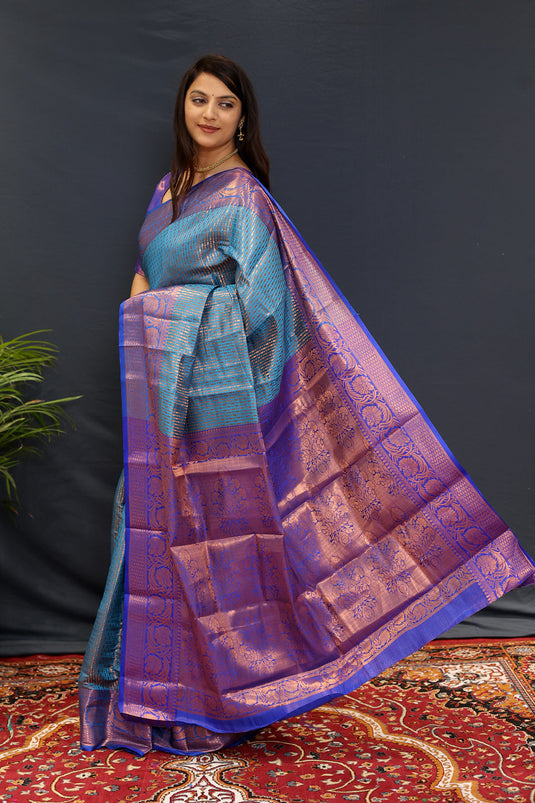 Villagius Partywear, Silk, Zari, New, Festive, Banarasi, Kanjivaram, Jaccard Zari Partywear Kanjivaram Silk Light Blue Color GPLINE_FIROZI1 Saree