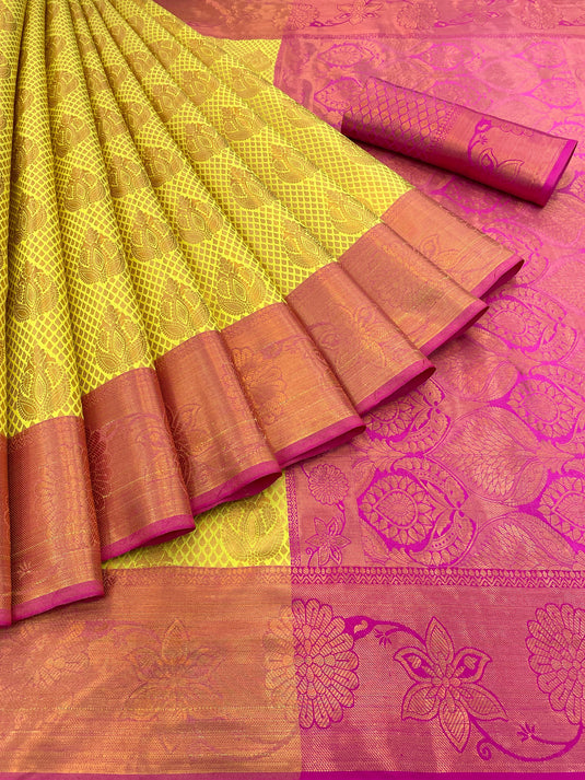 Villagius Partywear, Silk, Zari, New, Festive, Banarasi, Kanjivaram, Jaccard Zari Partywear Kanjivaram Silk Lemon Color GPPAN_LEMON1 Saree