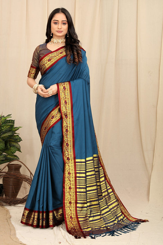 Villagius Woven Zari Border Everyday Cotton Silk Turquoise Color GULAB_FIROZI Saree