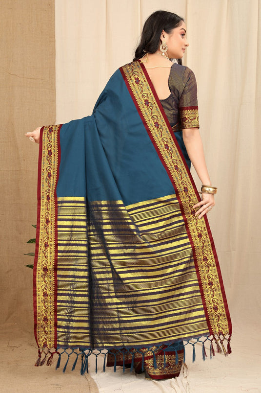 Villagius Woven Zari Border Everyday Cotton Silk Turquoise Color GULAB_FIROZI Saree