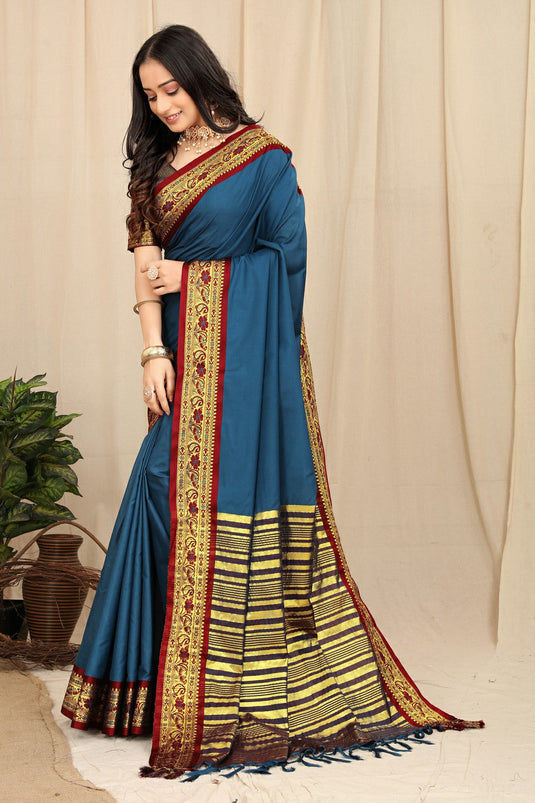 Villagius Woven Zari Border Everyday Cotton Silk Turquoise Color GULAB_FIROZI Saree