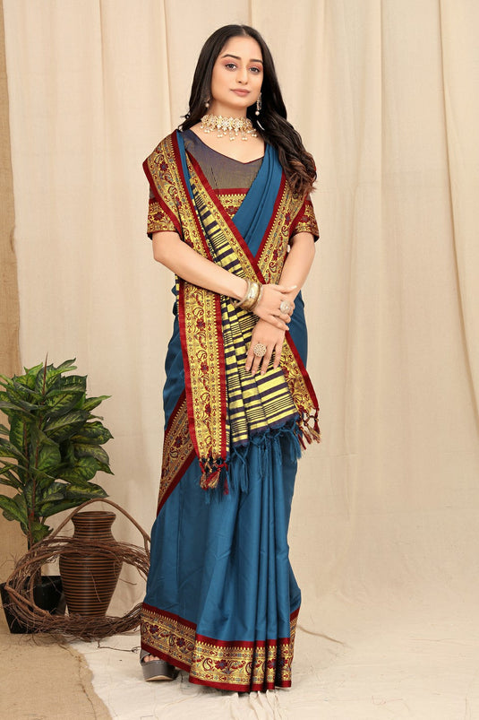 Villagius Woven Zari Border Everyday Cotton Silk Turquoise Color GULAB_FIROZI Saree