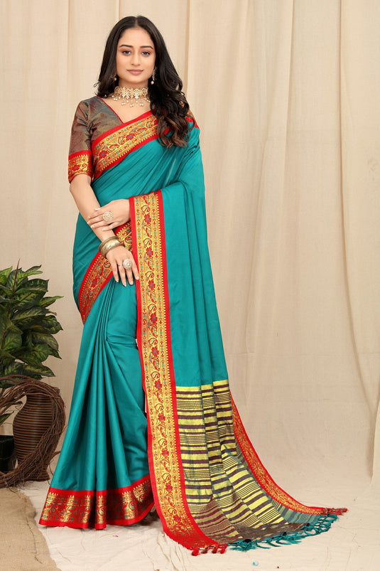 Villagius Woven Zari Border Everyday Cotton Silk Rama Color GULAB_RAMA Saree