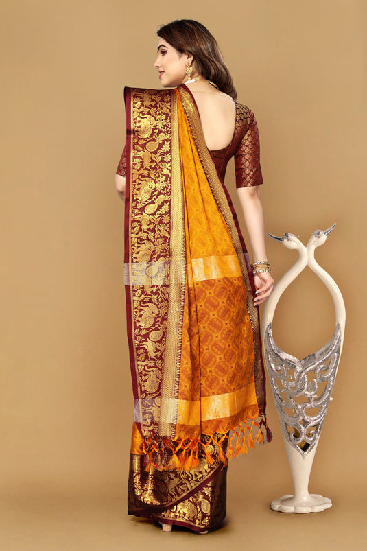 Villagius Jaccard Jaccard Embellished Zari Work Partywear Cotton Silk Orange Colour Hathimor_Orange Saree