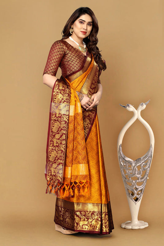 Villagius Jaccard Jaccard Embellished Zari Work Partywear Cotton Silk Orange Colour Hathimor_Orange Saree