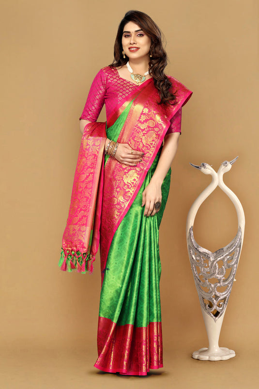 Villagius Jaccard Jaccard Embellished Zari Work Partywear Cotton Silk Parrot Colour Hathimor_Parrot Saree