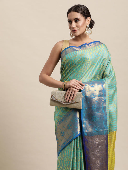 Villagius Jaccard Jaccard Embellished Zari Work Partywear Cotton Silk Turquoise Colour Hocky_Firozi Saree